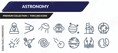 astronomy icons set - space capsule, sputnik, big ufo, abduction, destroyed planet outline vector collection.