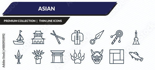 asian icons set - sail, dojo, sticks, tatami, carps outline vector collection.