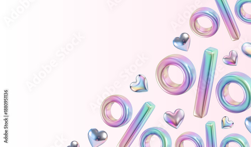 3d love sale banner with hearts and percentage. Valentine's Day discount percent icon backgrond