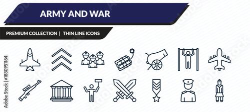 army and war icons set - jet, chevrons, brigade, lieutenant, outline vector collection.