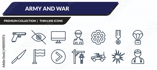 army and war icons set - gun, stealth, computer, explosive, general outline vector collection.