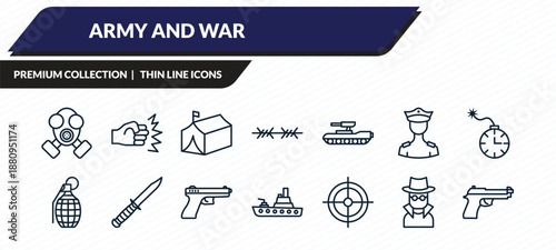 army and war icons set - gas mask, assault, militar tent, secret agent, pistol outline vector collection.