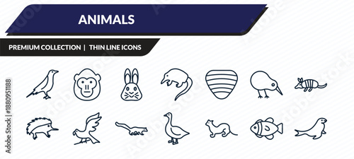 animals icons set - raven, orangutan, hare, clownfish, sea lion outline vector collection.