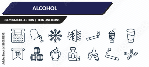 alcohol icons set - october, wine tasting, cooling, cigarrete, yeast outline vector collection.