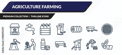 agriculture farming icons set - stall, faucet, harvest, self-sufficient, bread outline vector collection.