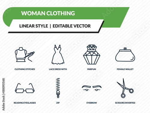 woman clothing icons set - clothing stitches, lace dress with belt, parfum, eyebrow, scissors inverted view outline vector collection.