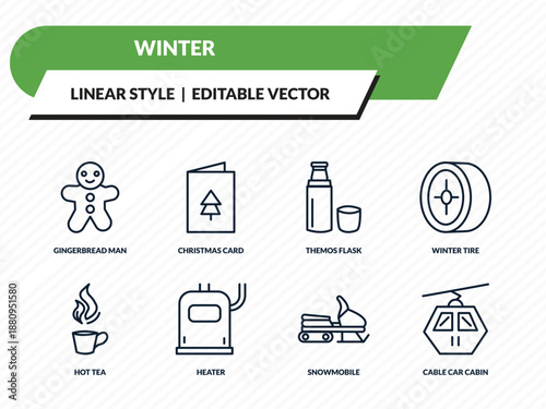 winter icons set - gingerbread man, christmas card, themos flask, snowmobile, cable car cabin outline vector collection.