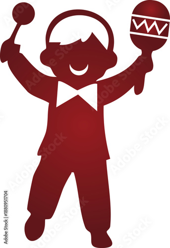 Red silhouette of a cheerful musician playing maracas and tambourine isolated on transparent background