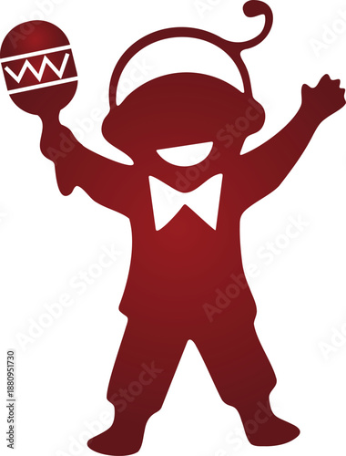 Red silhouette of a festive elf holding a maraca isolated on transparent background perfect for holiday designs and decorations