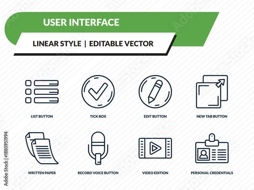 user interface icons set - list button, tick box, edit button, video edition, personal credentials outline vector collection.
