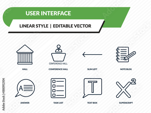 user interface icons set - hall, conference hall, slim left, text box, superscript outline vector collection.