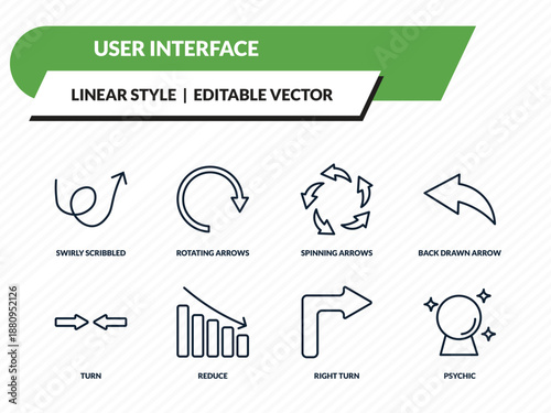 user interface icons set - swirly scribbled arrow, rotating arrows, spinning arrows, right turn, psychic outline vector collection.