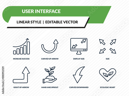 user interface icons set - increase success, curved up arrow, display size, curved downward arrow, ecologic heart outline vector collection.
