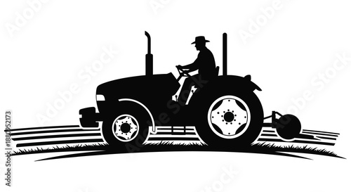 a black and white depiction of a farmer operating a tractor in a field of grass a striking silhouette high quality