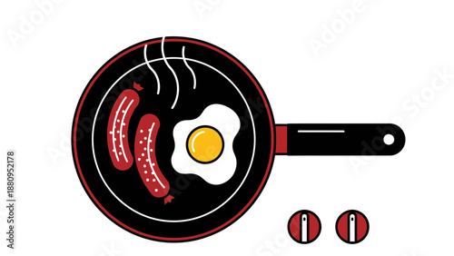 A vector graphic illustration of a frying pan with breakfast food