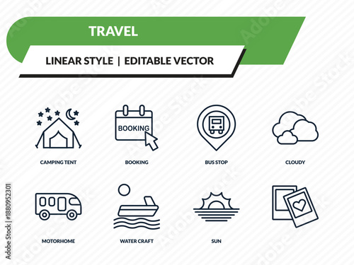 travel icons set - camping tent, booking, bus stop, sun, outline vector collection.