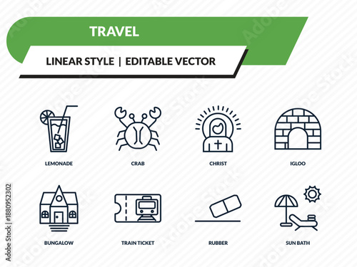 travel icons set - lemonade, crab, christ, rubber, sun bath outline vector collection.