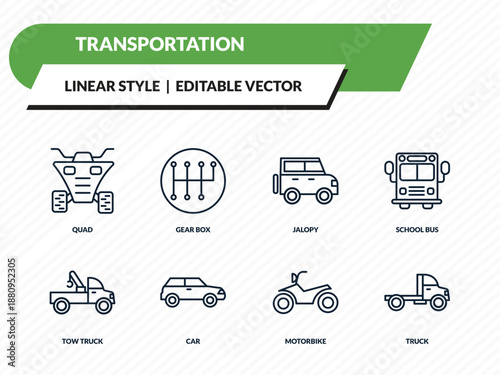 transportation icons set - quad, gear box, jalopy, motorbike, truck outline vector collection.