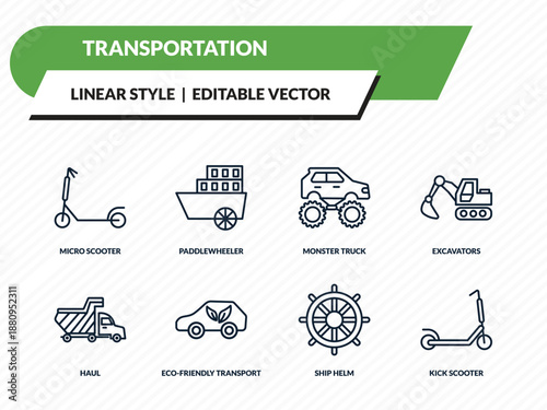 transportation icons set - micro scooter, paddlewheeler, monster truck, ship helm, kick scooter outline vector collection.