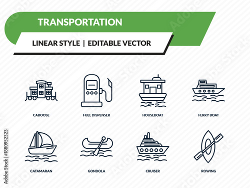 transportation icons set - caboose, fuel dispenser, houseboat, cruiser, rowing outline vector collection.