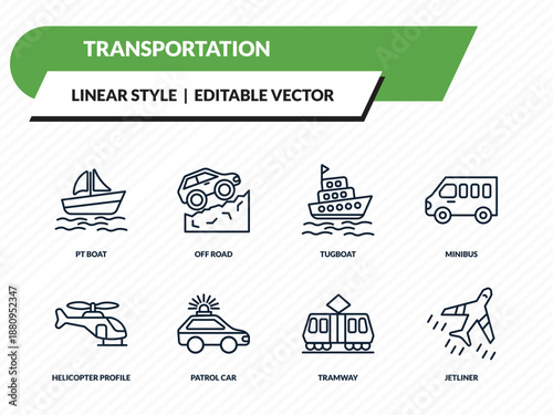 transportation icons set - pt boat, off road, tugboat, tramway, jetliner outline vector collection.