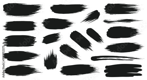 An artistic collection of various black brush strokes and paint splatters arranged across a white background showcasing a dramatic silhouette