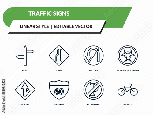 traffic signs icons set - road, lane, no turn, no parking, bicycle outline vector collection.