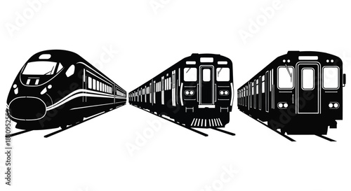 A striking depiction of three diverse train carriages positioned on tracks showcasing varying designs and features a captivating silhouette