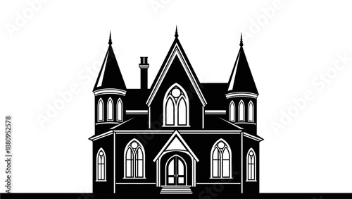 A black and white vector illustration of a Gothic style mansion house