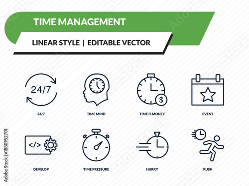 time management icons set - 24/7, time mind, time is money, hurry, rush outline vector collection.
