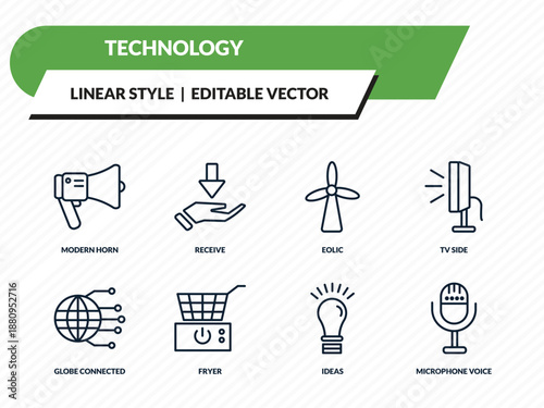 technology icons set - modern horn, receive, eolic, ideas, microphone voice outline vector collection.