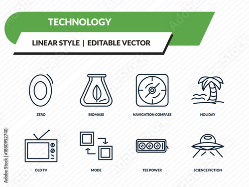 technology icons set - zero, biomass, navigation compass, tee power, science fiction outline vector collection.