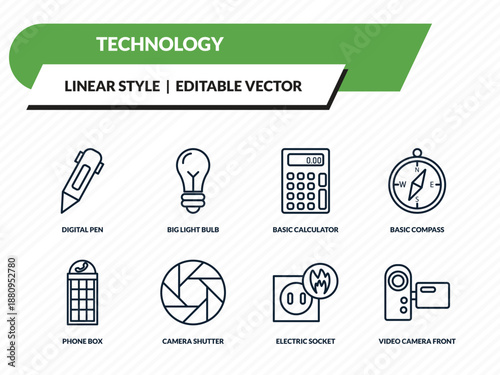 technology icons set - digital pen, big light bulb, basic calculator, electric socket on fire, video camera front view outline vector collection.