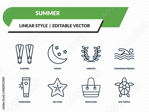 summer icons set - flippers, moon, wreath, beach bag, sea turtle outline vector collection.