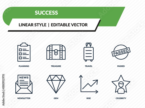 success icons set - planning, treasure, travel, rise, celebrity outline vector collection.