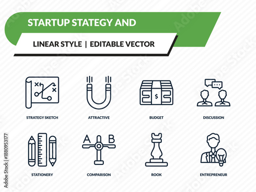 startup stategy and icons set - strategy sketch, attractive, budget, rook, entrepreneur outline vector collection.