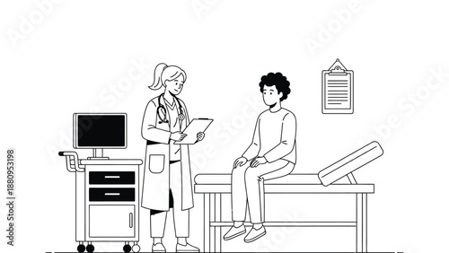 A doctor and patient in a medical consultation room with a computer and examination table