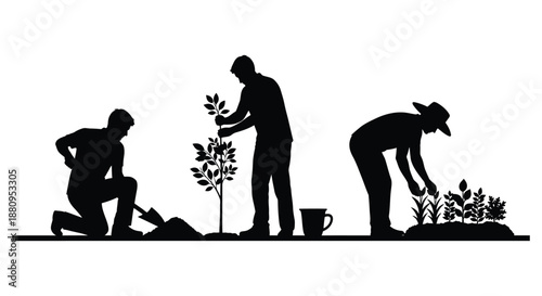 A striking depiction of human evolution symbolized by gardening stages showcasing a clear progression from crawling to upright posture silhouette