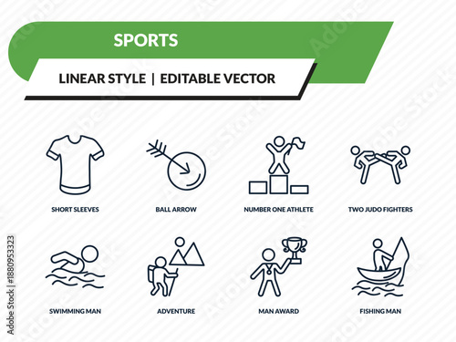 sports icons set - short sleeves, ball arrow, number one athlete, man award, fishing man outline vector collection.