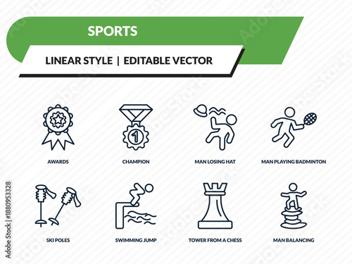 sports icons set - awards, champion, man losing hat, tower from a chess, man balancing outline vector collection.