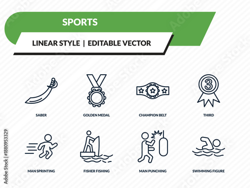 sports icons set - saber, golden medal, champion belt, man punching, swimming figure outline vector collection.