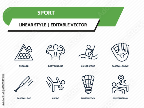 sport icons set - snooker, bodybuilding, canoe sport, shuttlecock, powerlifting outline vector collection.