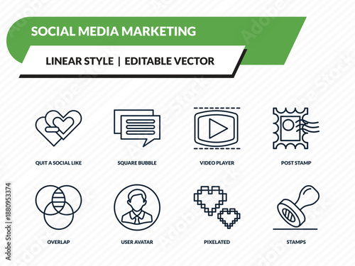 social media marketing icons set - quit a social like, square bubble, video player, pixelated, stamps outline vector collection.
