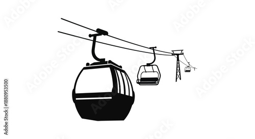 A minimalist depiction of two cable cars suspended from overhead cables representing transportation and scenic views presented as a silhouette