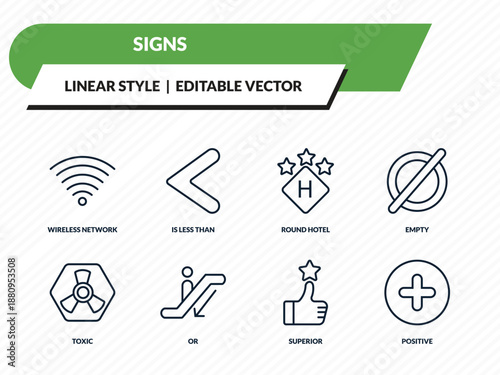 signs icons set - wireless network, is less than, round hotel, superior, positive outline vector collection.