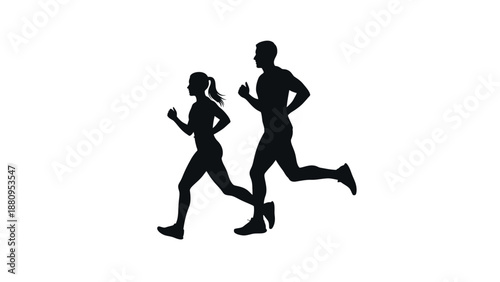 Silhouette of man and woman running together in athletic wear.
