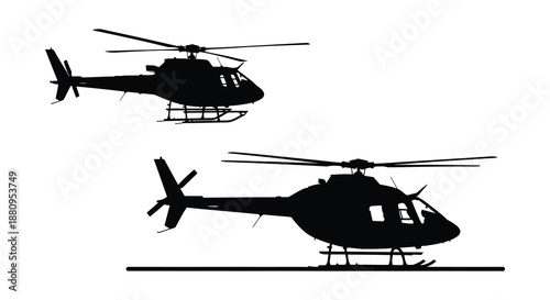 Detailed depiction of two helicopters in flight showcasing rotor blades and streamlined bodies presented as a striking black silhouette high quality