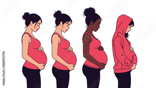 Four pregnant women of different ethnicities standing in a row showcasing pregnancy