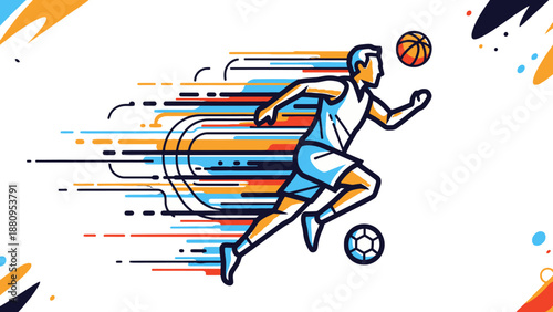 Dynamic Basketball Player Running Dribbling Ball with Colorful Abstract Lines