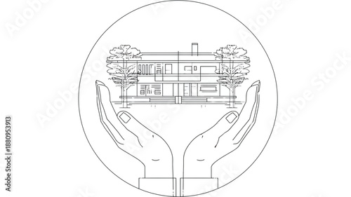 Cupped hands holding a minimalist line art house with trees, symbolizing home protection, real estate, and property security.